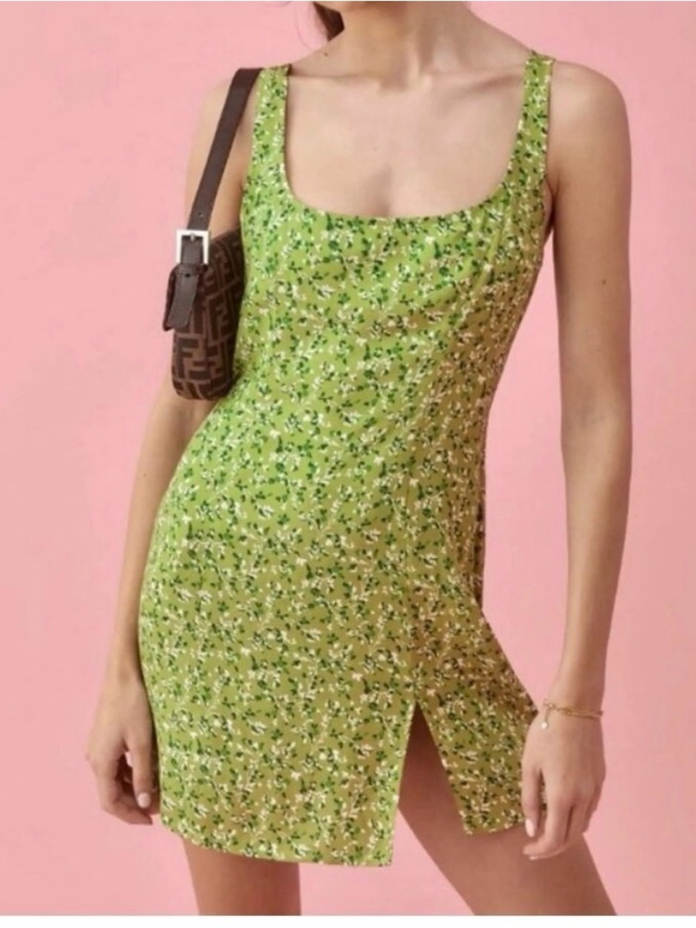 Reformation Noha Mini Dress Green Floral Square-Neck Sz 10